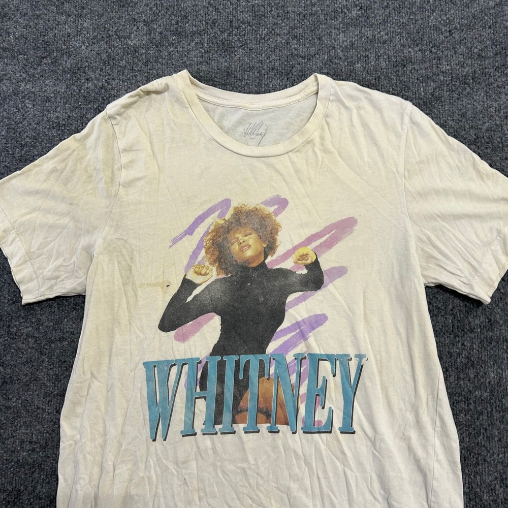 Whitney Houston T-shirt Mens Size L Cream Graphic Short Sleeve Music Stains